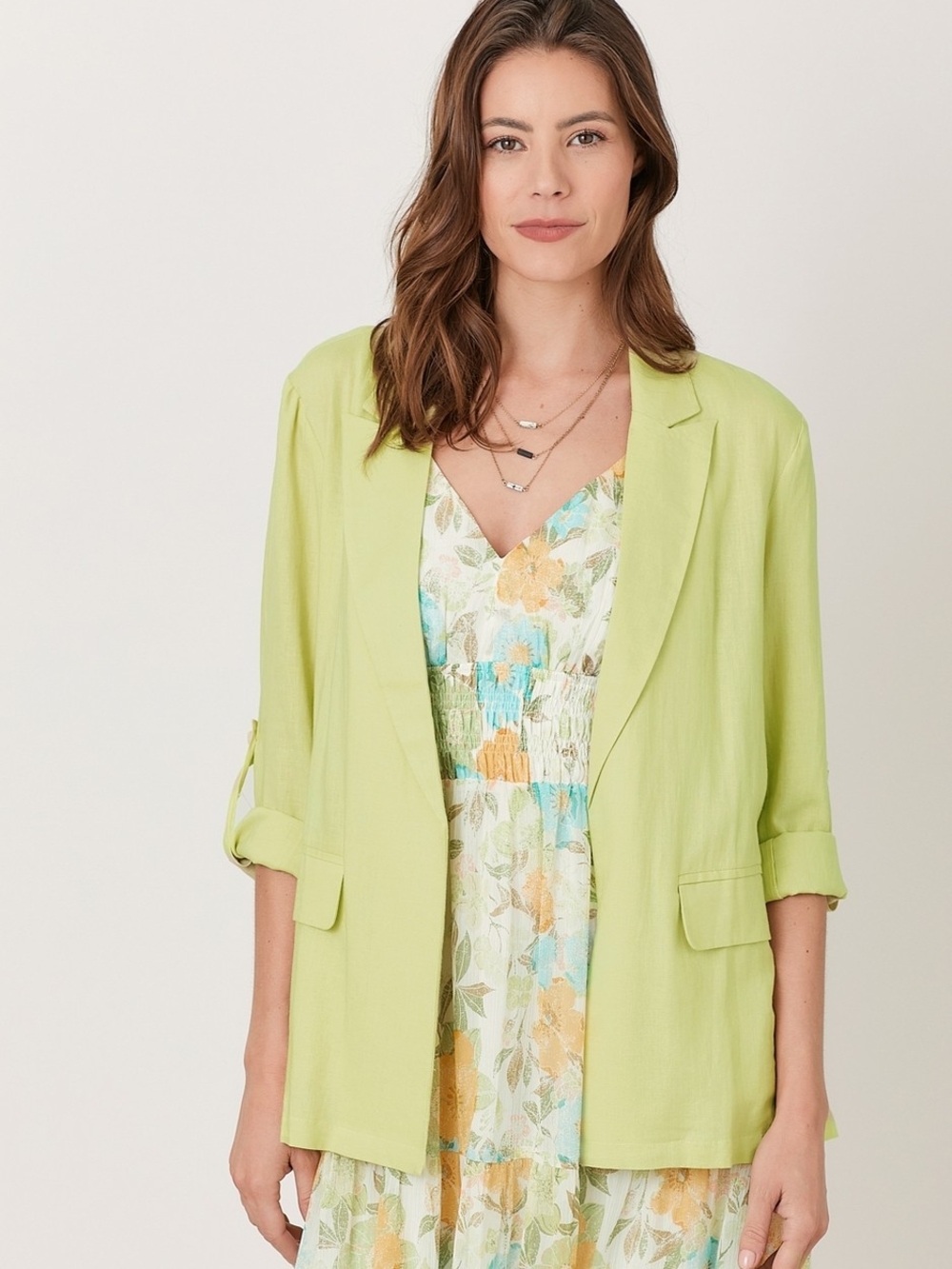 Light Green Linen Open Front Roll Tab Sleeve Blazer Jacket Size Large